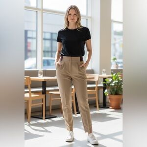 High-Waisted Taupe Dress Pants with Elastic Waist & Button Detail